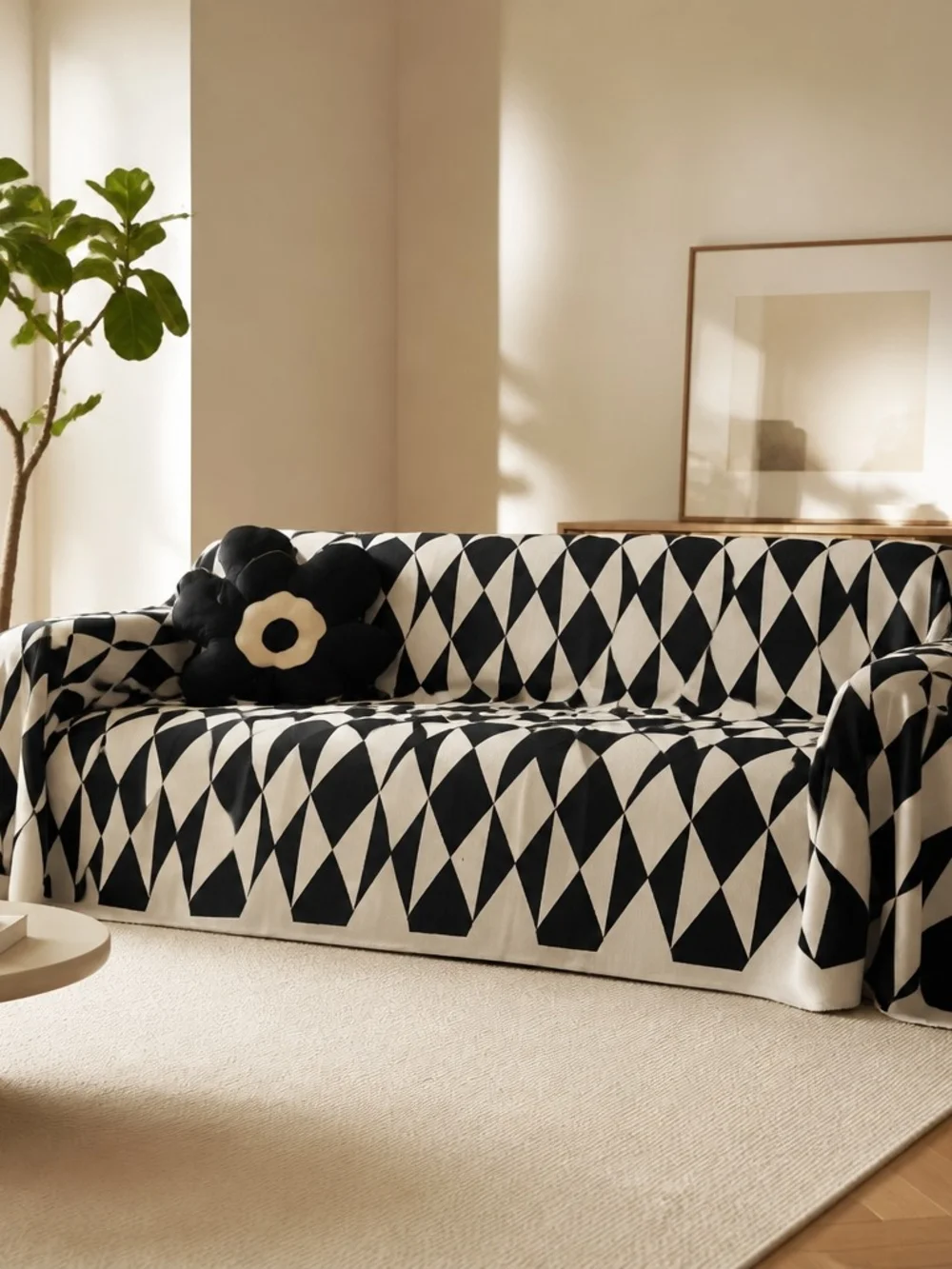 Modern Geometric Black and White Sofa Slipcover- Home Accents